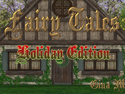 Front view of a fairy tale cottage with the words 'Fairy Tales: Holiday Edition'